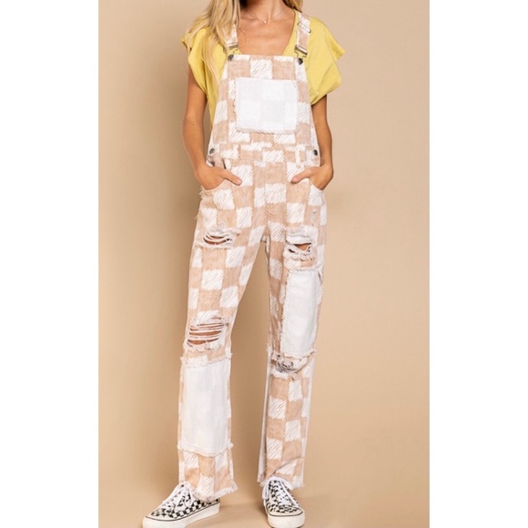 POL Tan & White Checkerboard Patched Distressed Overalls - Picture 5 of 7
